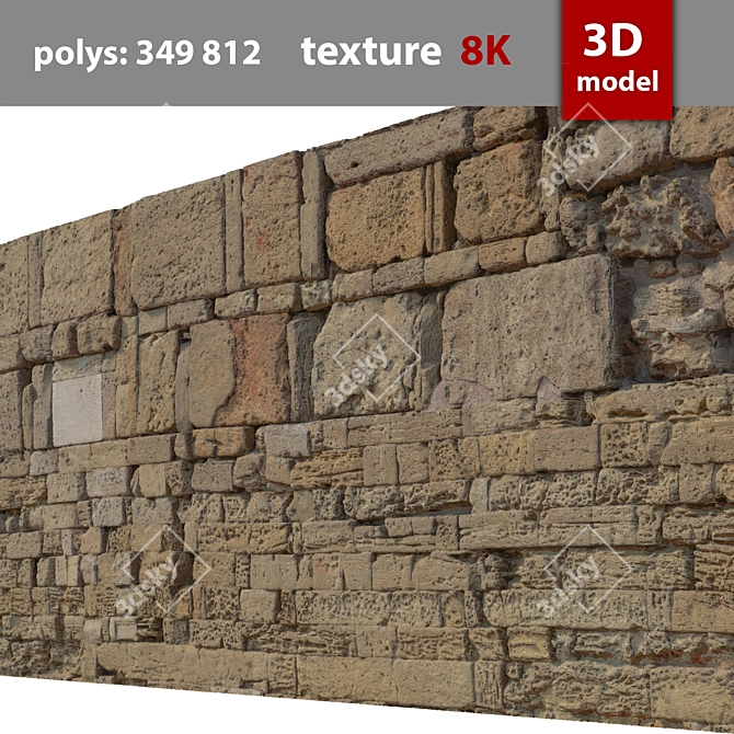 Detailed Stone Wall Model 3D model image 2