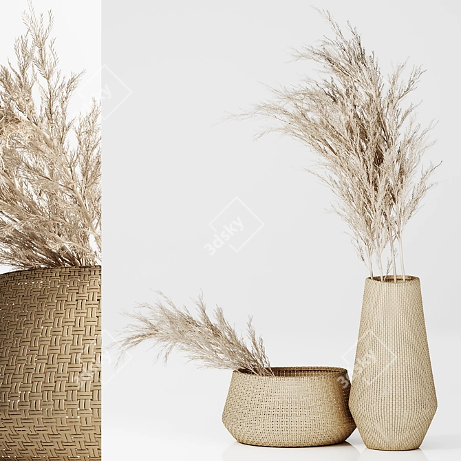 Pampas Paradise: Dried Plants in Straw Baskets 3D model image 1