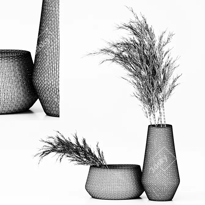 Pampas Paradise: Dried Plants in Straw Baskets 3D model image 4