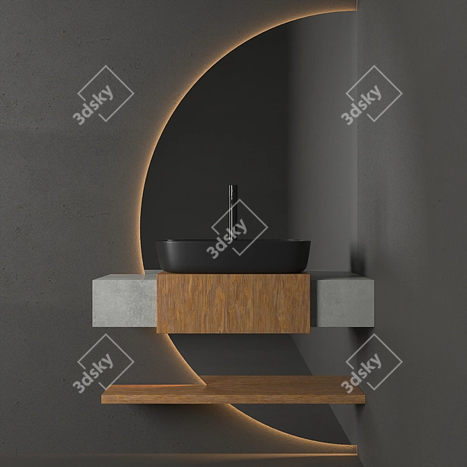 Modern Bathroom Set: Wooden Cabinet, Semicircular Mirror, Black Taps 3D model image 1