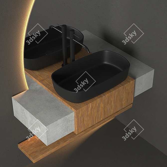 Modern Bathroom Set: Wooden Cabinet, Semicircular Mirror, Black Taps 3D model image 2