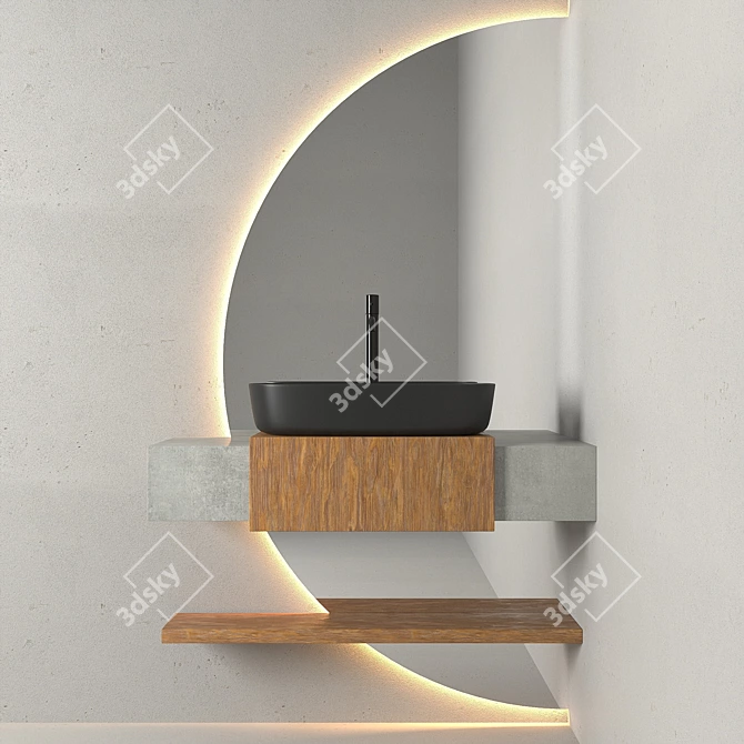 Modern Bathroom Set: Wooden Cabinet, Semicircular Mirror, Black Taps 3D model image 4