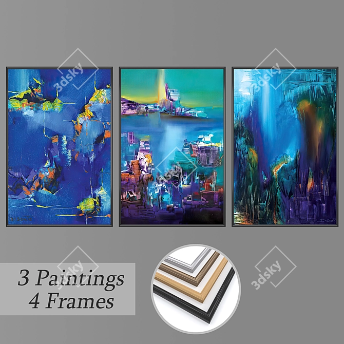 Modern Art Set: 3 Paintings & 4 Frames 3D model image 1