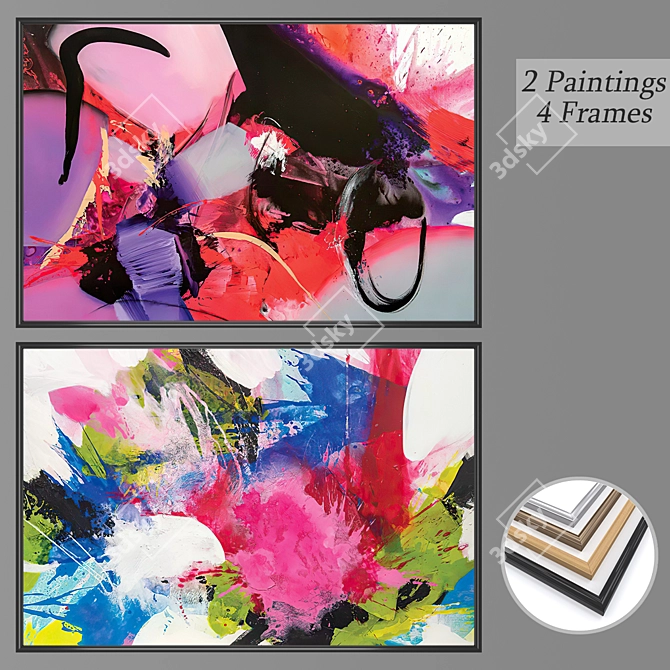 Modern Art Set: 2 Paintings, 4 Frame Options 3D model image 1