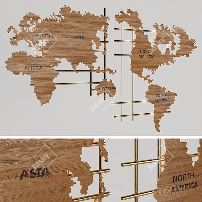 World Map Wooden Wall Panel 3D model image 1