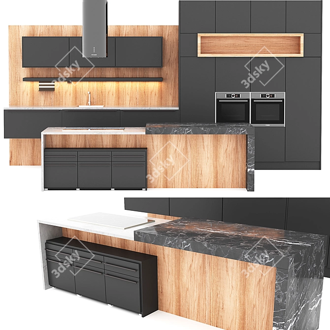 Sleek Kitchen Set: Induction Cooktop, Electric Wall Oven, Stainless Steel Hood 3D model image 5