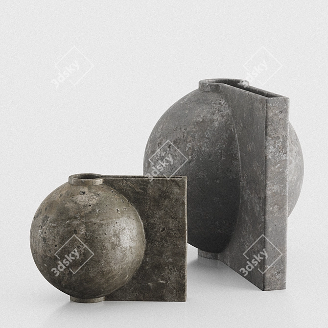 Sleek Offset Dark Gray Vase Duo 3D model image 2