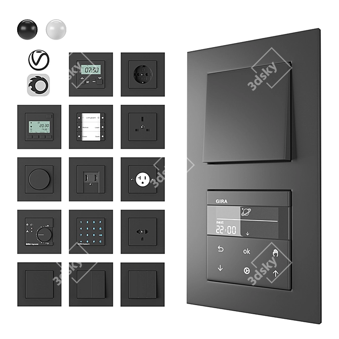 Gira E2 Flat Installation Kit: Programmable Thermostat, Electronic Timer, Dimmer & More 3D model image 1