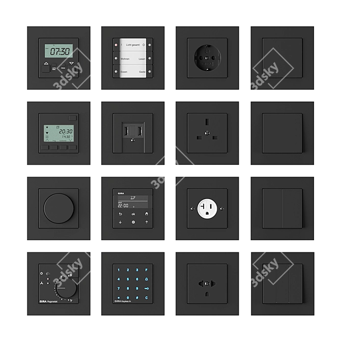 Gira E2 Flat Installation Kit: Programmable Thermostat, Electronic Timer, Dimmer & More 3D model image 2