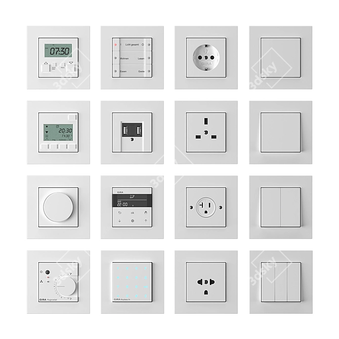 Gira E2 Flat Installation Kit: Programmable Thermostat, Electronic Timer, Dimmer & More 3D model image 3
