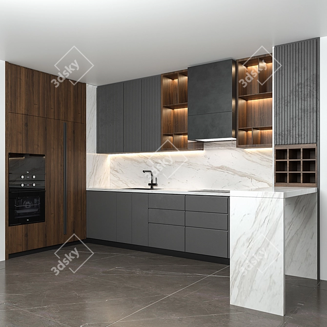 Modern Kitchen with Bar Counter 3D model image 1