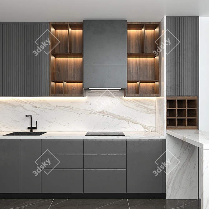 Modern Kitchen with Bar Counter 3D model image 2