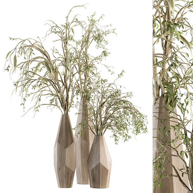 Eco Chic: Green Branch in Wooden Vase 3D model image 1