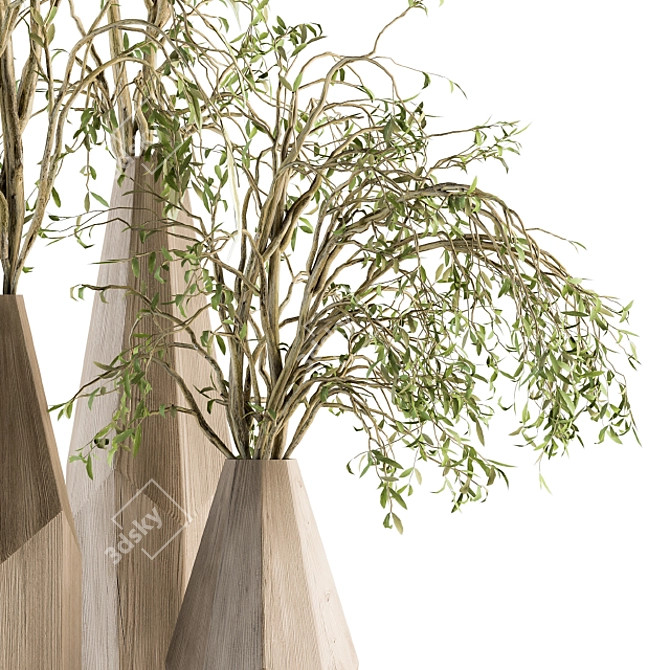 Eco Chic: Green Branch in Wooden Vase 3D model image 3