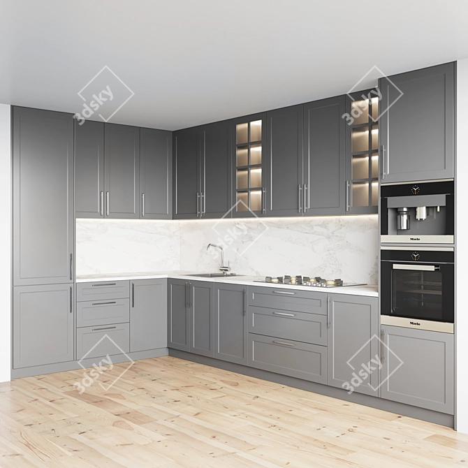Modern Kitchen Set: Gas Hob, Sink, Oven & Hood 3D model image 1