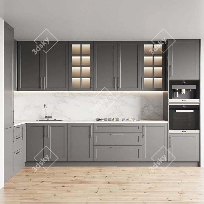 Modern Kitchen Set: Gas Hob, Sink, Oven & Hood 3D model image 2