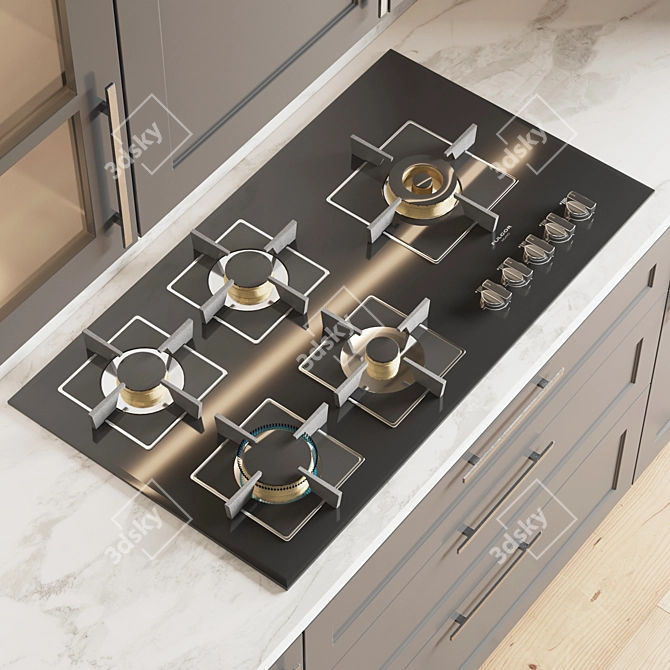 Modern Kitchen Set: Gas Hob, Sink, Oven & Hood 3D model image 3