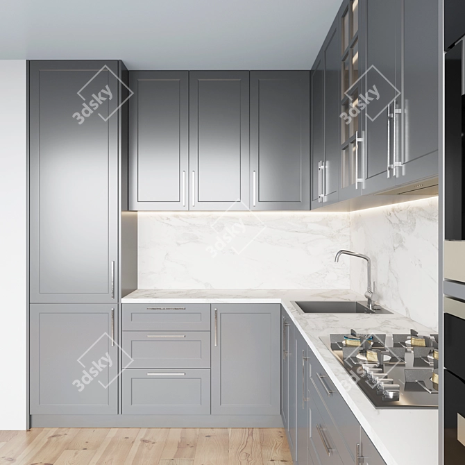 Modern Kitchen Set: Gas Hob, Sink, Oven & Hood 3D model image 4