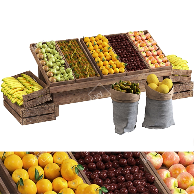 Market Fruit Boxes: Melon, Apple, Plum, Orange, Citrus, Pear, Banana 3D model image 1