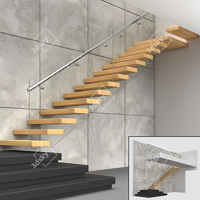 Modern Stairs 2 - Wood, Concrete & Glass 3D model image 1