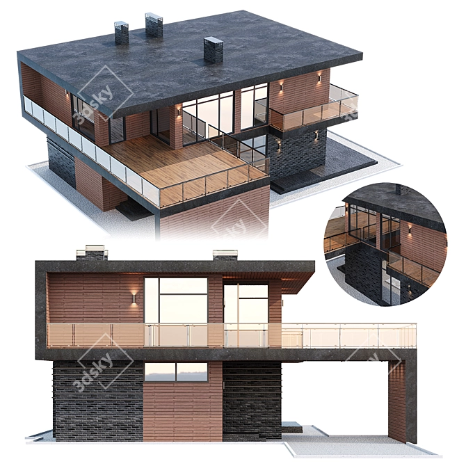 Stylish two-story flat roof cottage 3D model image 3