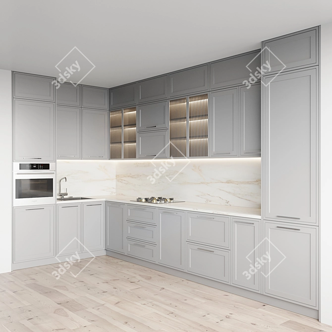 Modern Kitchen Set: Gas Hob, Oven, Sink & Hood 3D model image 1