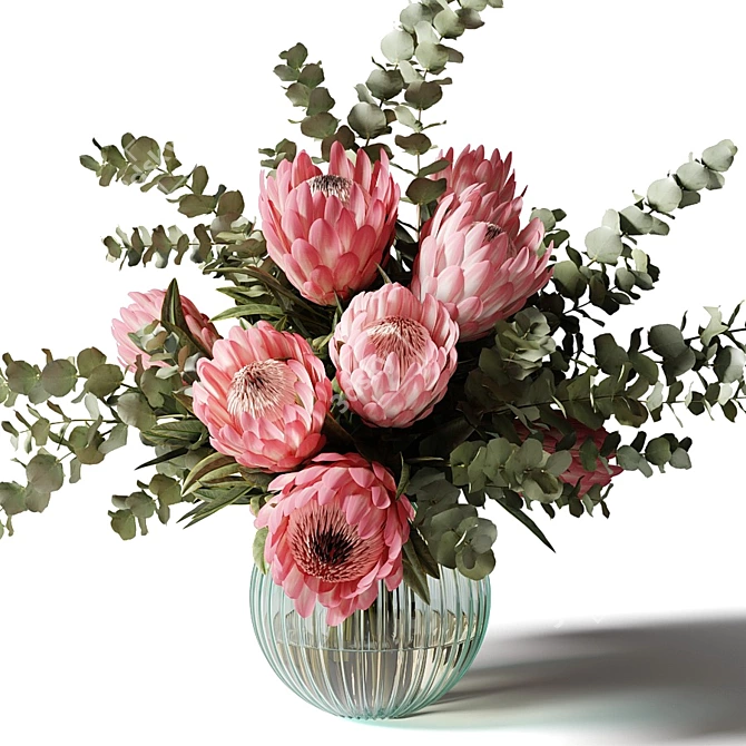 Elegant Pink Protea Bouquet with Eucalyptus 3D model image 1