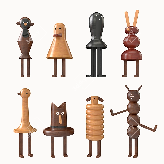 Funny Farm Wood Figurines: Whimsical Animal Madness 3D model image 1