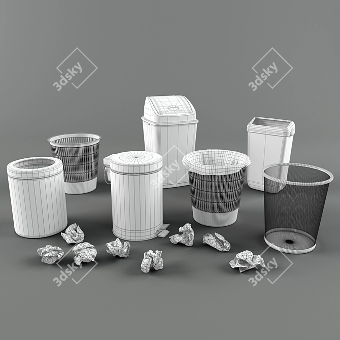 Stylish Trash Bin Set & Crumpled Paper 3D model image 5