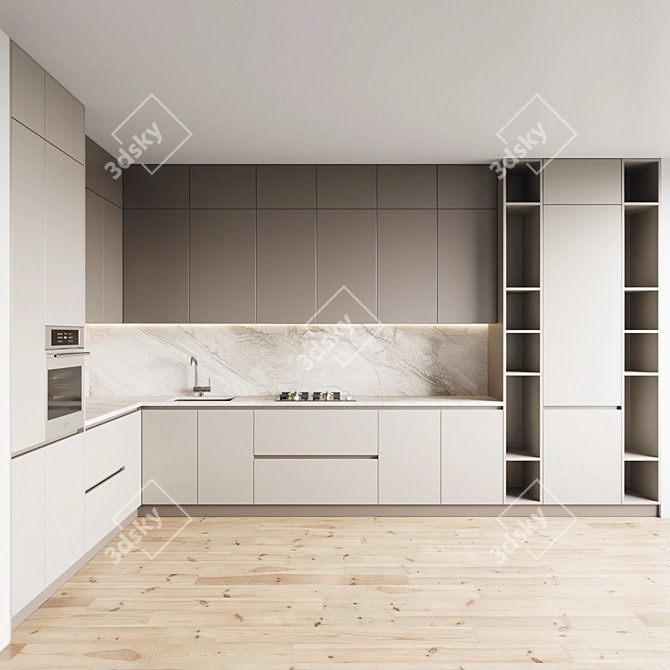 Sleek Kitchen 061: Gas Hob, Oven, Sink & Hood 3D model image 1