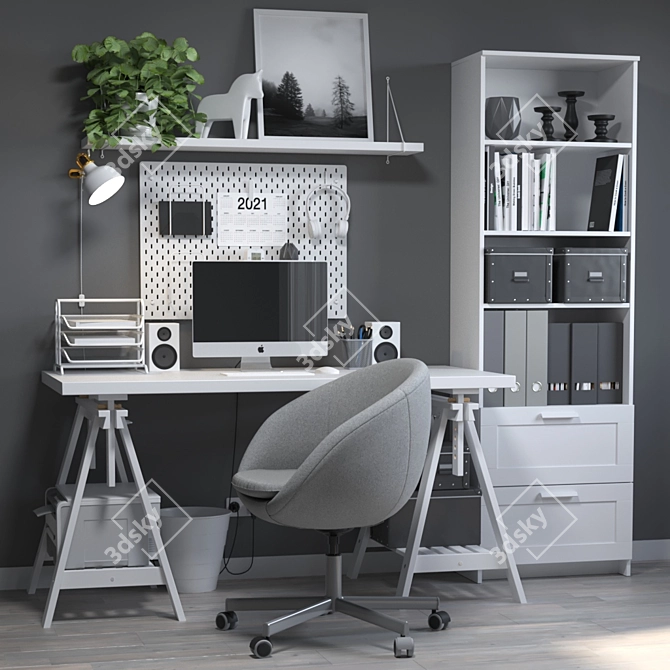 IKEA Office 04: Desk, Shelves, Chair & Decor 3D model image 1