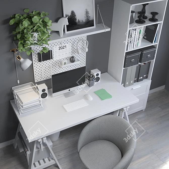 IKEA Office 04: Desk, Shelves, Chair & Decor 3D model image 2