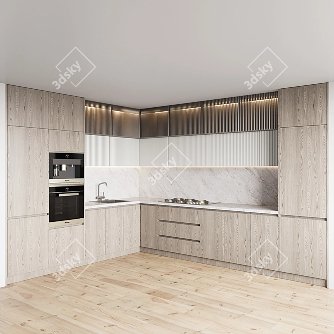 Modern Kitchen Set with Gas Hob, Sink, Oven, and Hood 3D model image 1