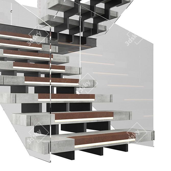 Sleek Modern Stairs 3D | Wood, Concrete, Glass 3D model image 2