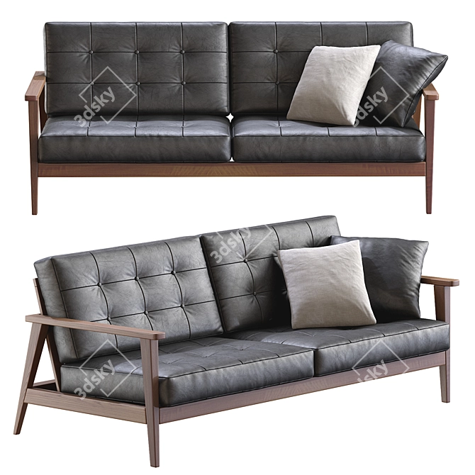 Mid-Century Wood Leather Sofa 3D model image 2