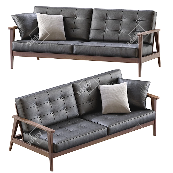 Mid-Century Wood Leather Sofa 3D model image 4