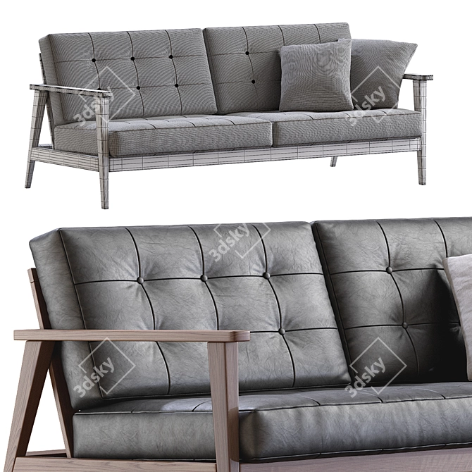 Mid-Century Wood Leather Sofa 3D model image 5