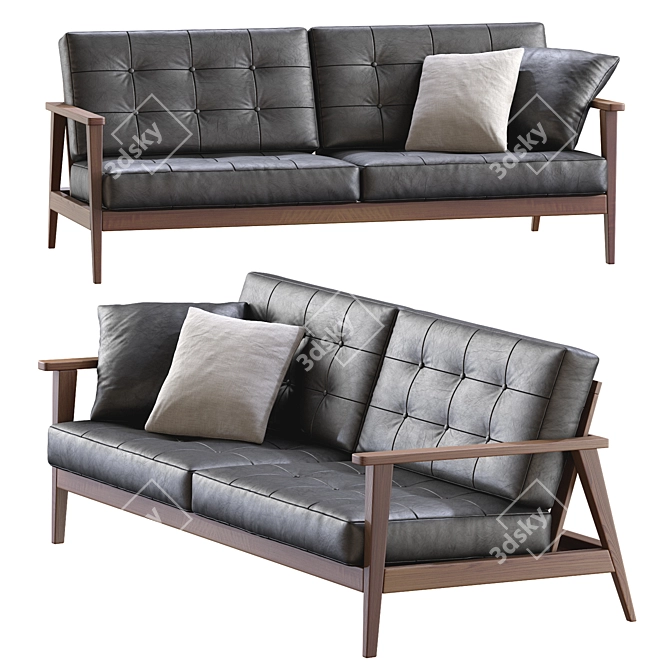 Mid-Century Wood Leather Sofa 3D model image 7