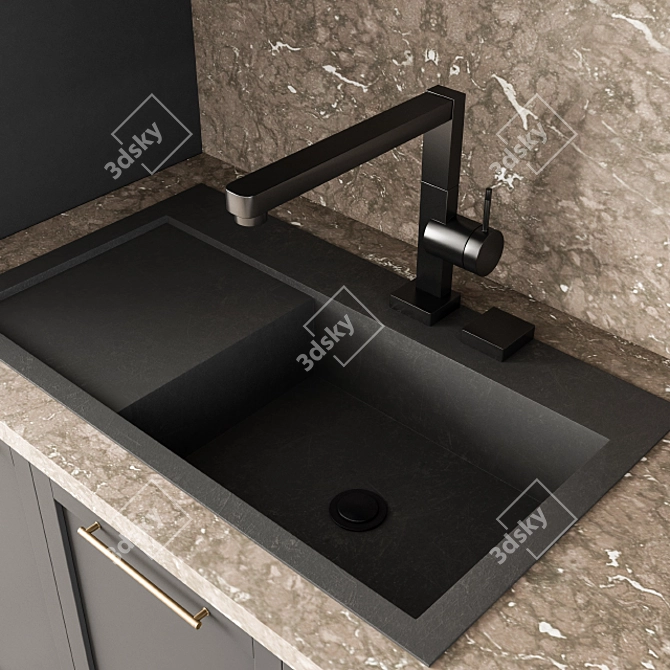 Sleek Neo Classic Kitchen - Black/Brown 3D model image 3