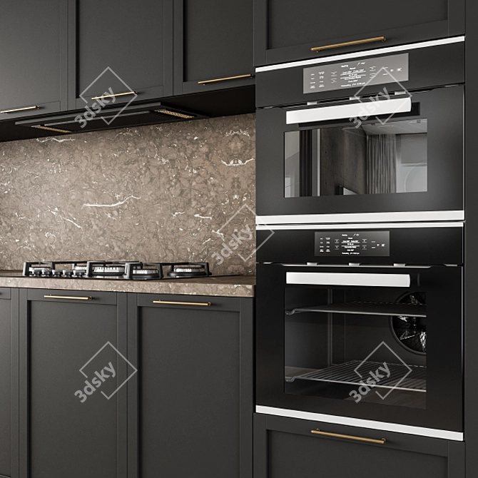 Sleek Neo Classic Kitchen - Black/Brown 3D model image 4