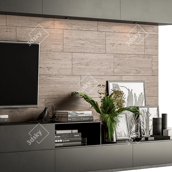 Modern Black and Wood TV Wall 3D model image 3