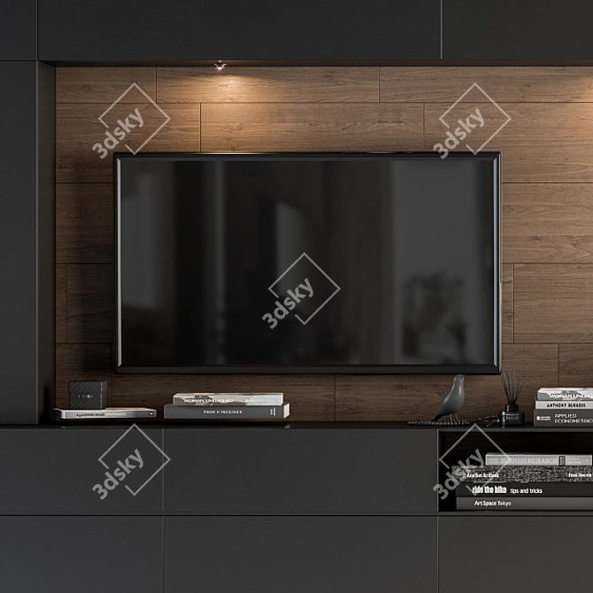 Modern Black and Wood TV Wall 3D model image 4