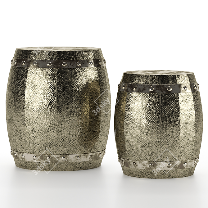 Antique Silver Hammered Drum Stool Set 3D model image 1