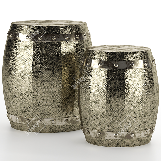 Antique Silver Hammered Drum Stool Set 3D model image 2