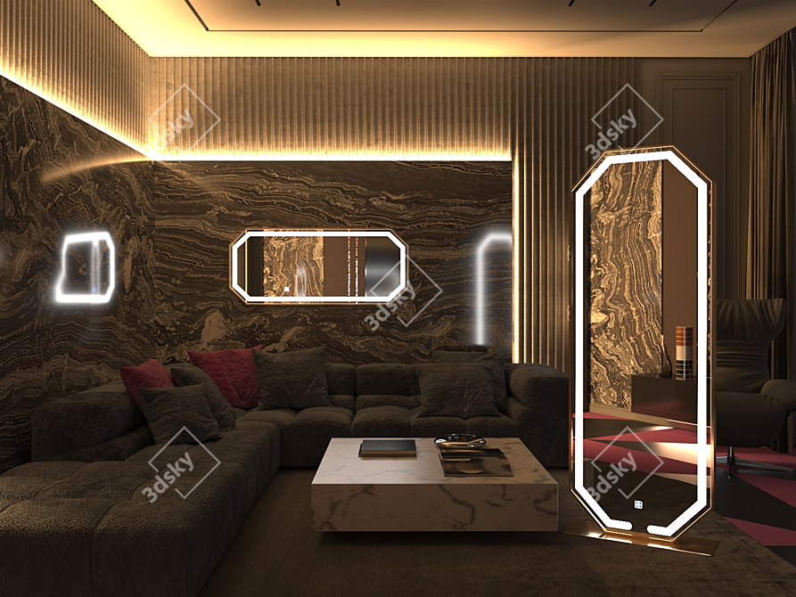 Elegant Brass-Framed Floor Mirror with LED Lighting 3D model image 3