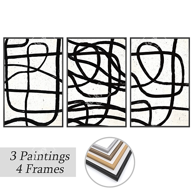 Artful Trio: Set of Wall Paintings 3D model image 1