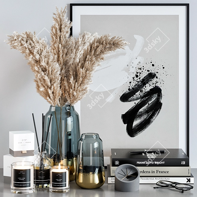 Elegant Decor Set: Pampas Grass, Vases, Books 3D model image 1