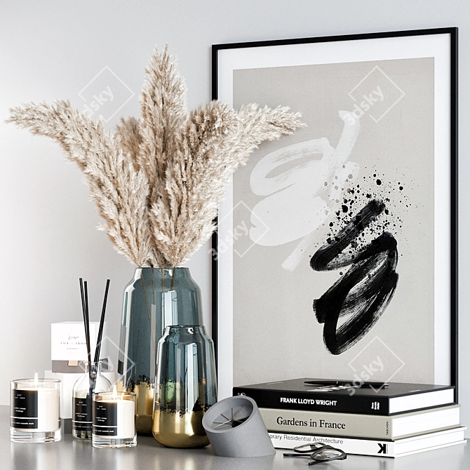 Elegant Decor Set: Pampas Grass, Vases, Books 3D model image 3