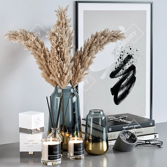 Elegant Decor Set: Pampas Grass, Vases, Books 3D model image 4