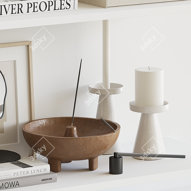 Beige Decor Set: Clock, Diffuser, Mirror, Candle Extinguisher, Ceramic Bowl 3D model image 3